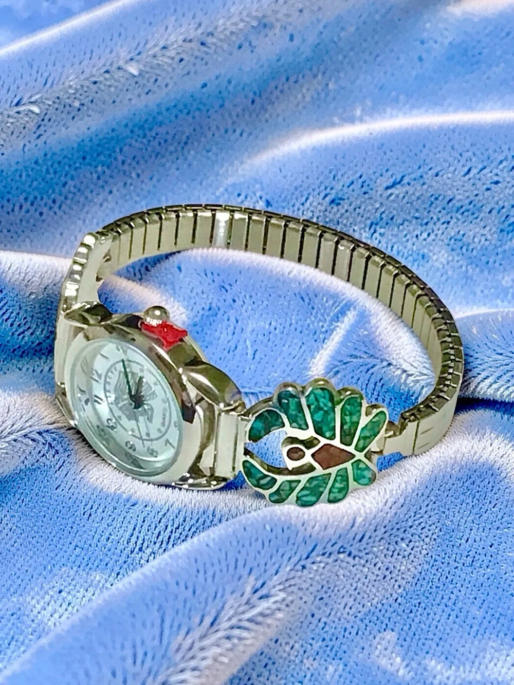 Ladies VTG Silver Navajo Turquoise/Coral Thunderbird Tips New Indian Head Watch